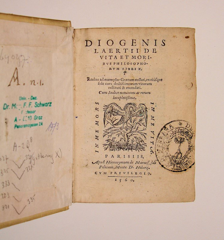 Diogenis Laertii De vita et moribus philosophorum libri X. Recens ad exemplar Graecum collati, ex eiusque fide cura doctissimorum virorum restituti & emendati. Cum indice nominum ac rerum locupletissimo. - Afbeelding 2